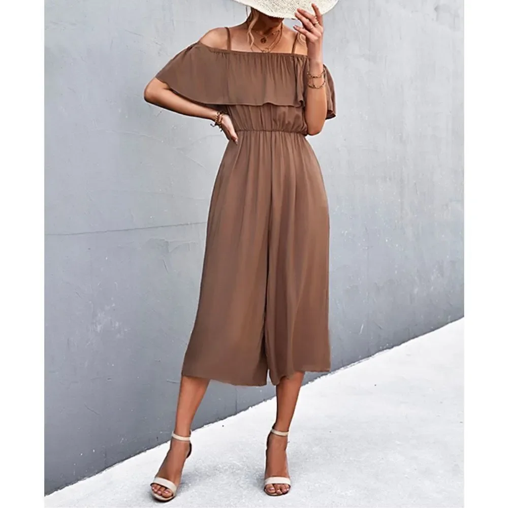 Coeur de Vague Woman Brown Ruffle Crop Off Shoulder Jumpsuit , Size Large